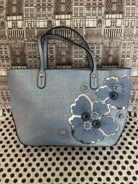 Like New Large Henri Bendel Metallic Flower Appliqué Embellished Tote